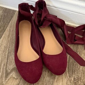 LOFT Burgundy Ballet Flats with Ribbon